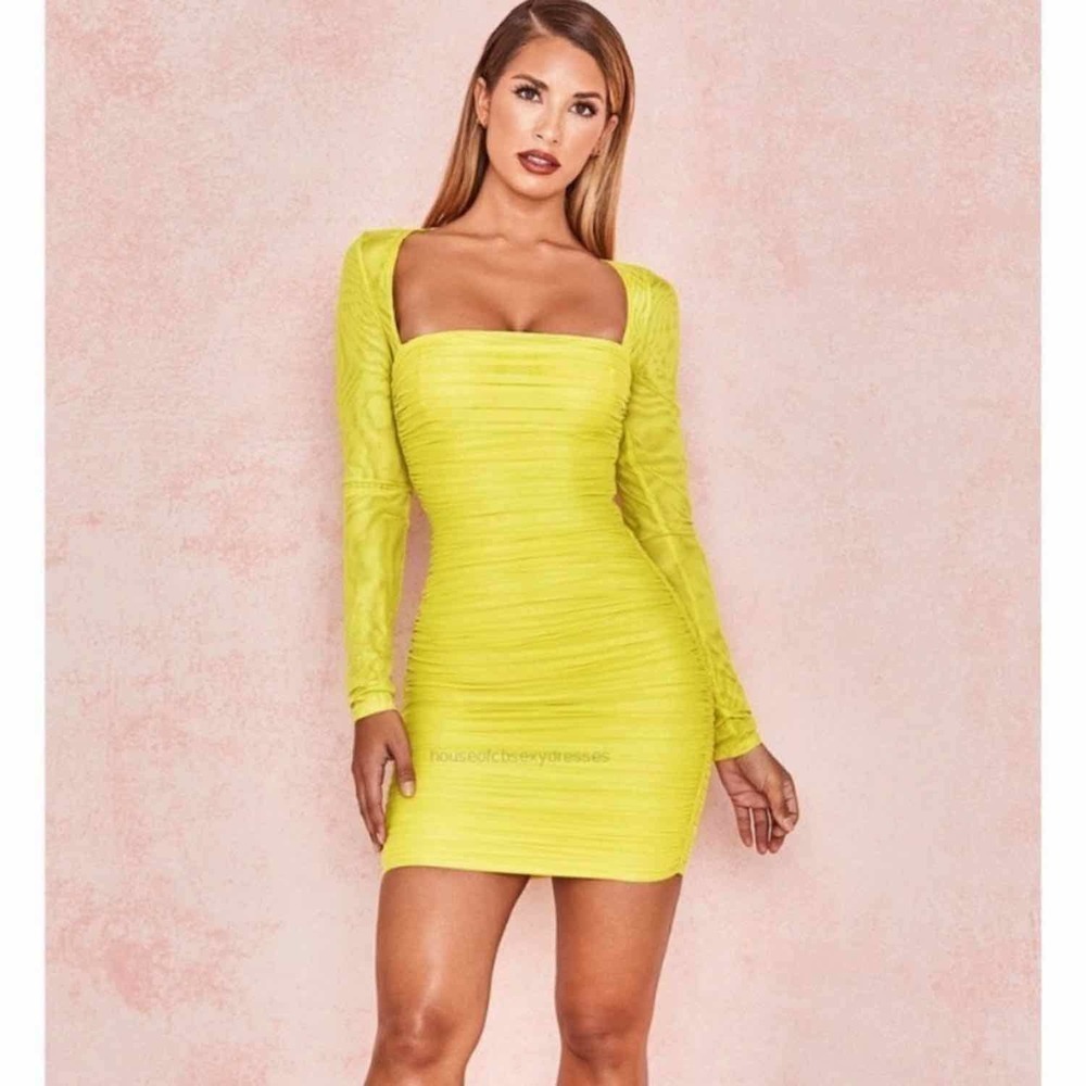 House of CB Valentina Yellow Long Sleeve Ruched Organza Mesh Mini Dress Size XS